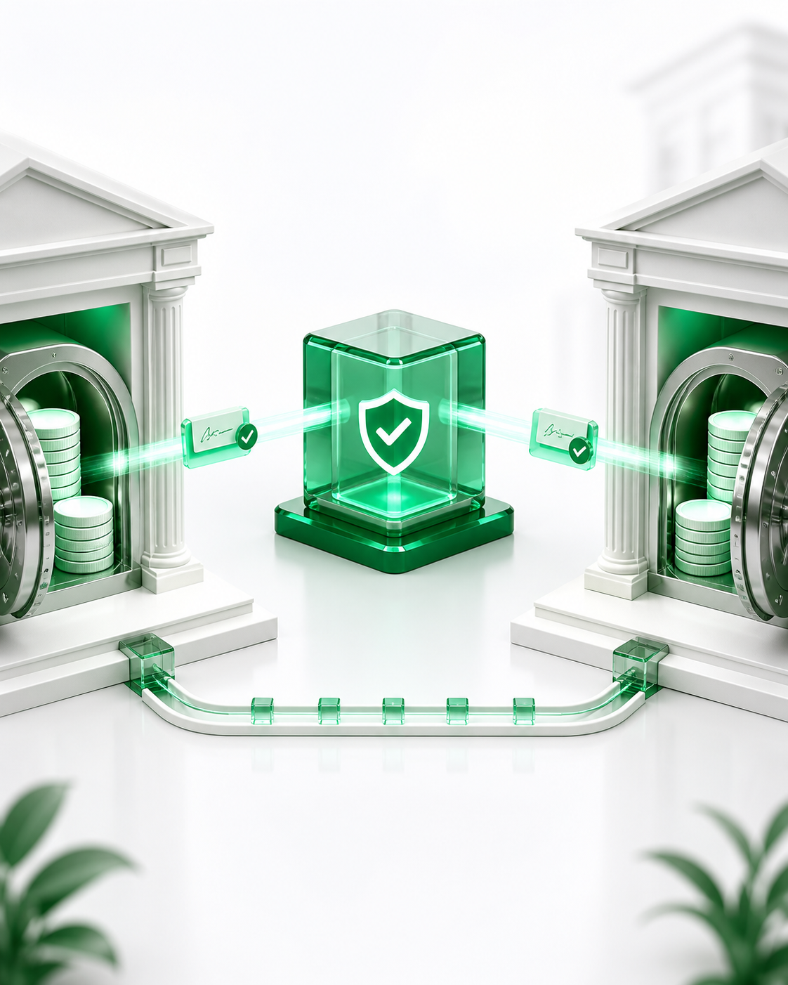 Signed bank instructions passing through the secure MoneyBox hub while funds remain inside each bank